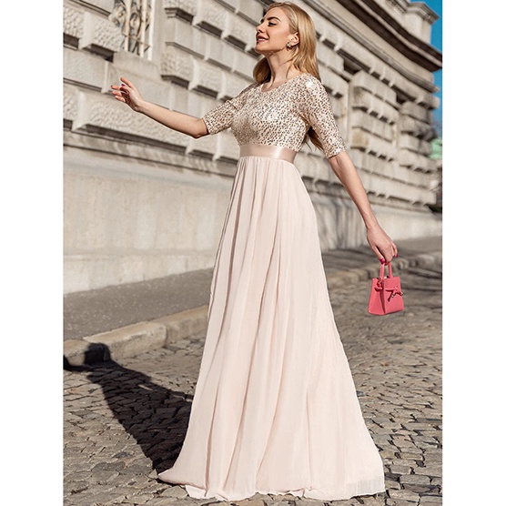 Half Sleeves Sequins A-Line Evening Gown (Gold) (Made To Order)