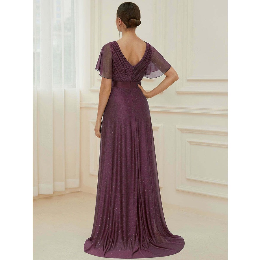Deep V Neck Ruffles Sleeve A Line Evening Gown (Purple) (Retail)