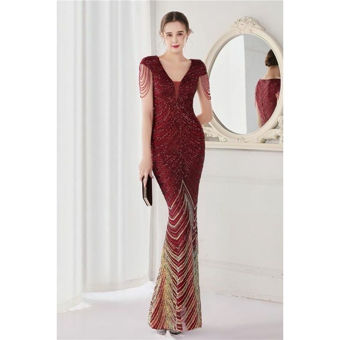 Illusion V-Neck Sequins with Beads Mermaid Evening Gown (Burgundy) (Made To Order)