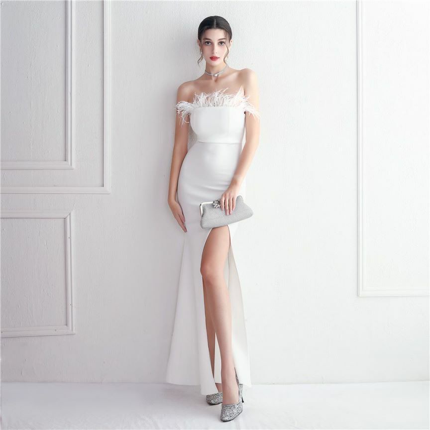 Strapless Feather Bodycon Evening Gown (White) (Made To Order)