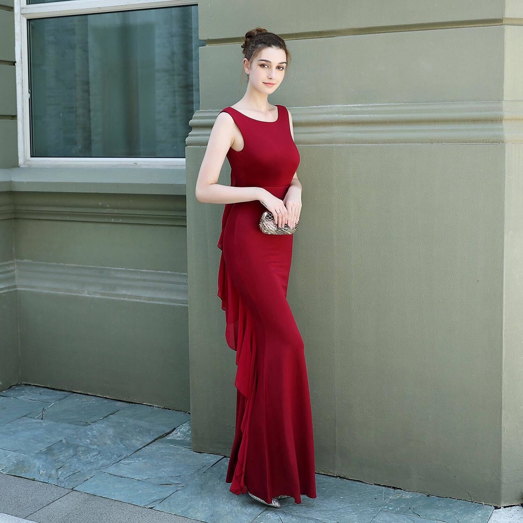[MTO] Backless Long Mermaid Evening Gown - Burgundy