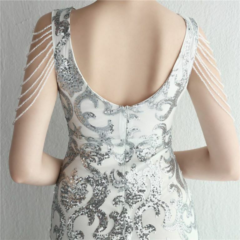 Fashion Crystal Sequins Pattern Evening Gown (Silver) (Made To Order)