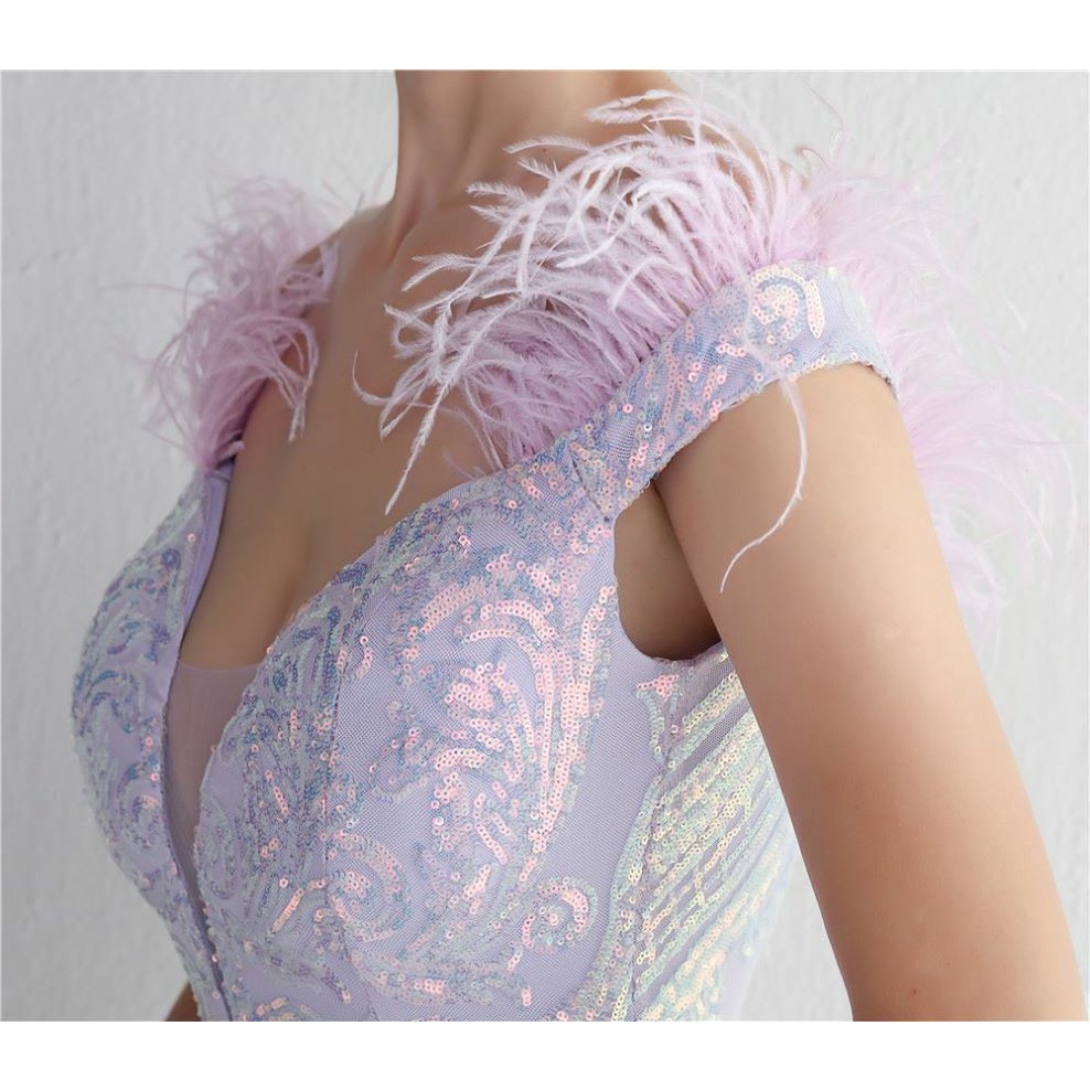Elegant Off Shoulder Feather Mermaid Evening Gown (Lilac) (Made To Order)