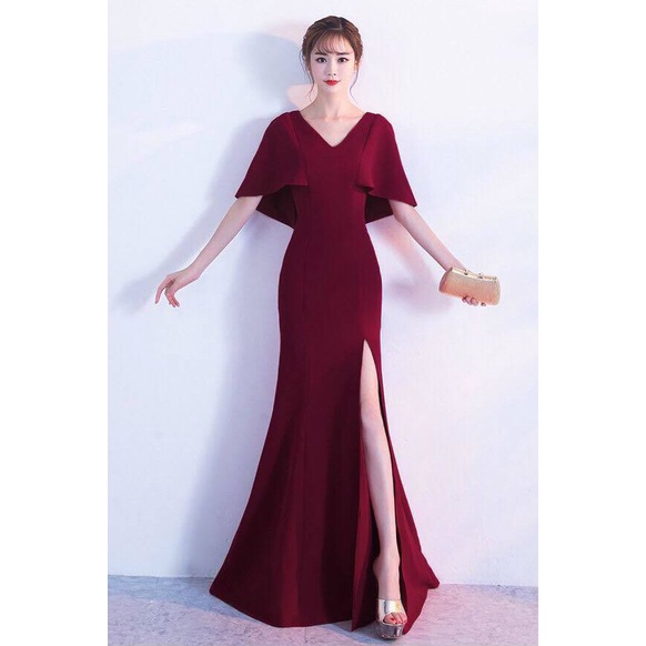 Elegant V-Neck High Slit Evening Dress (Maroon) (Retail)