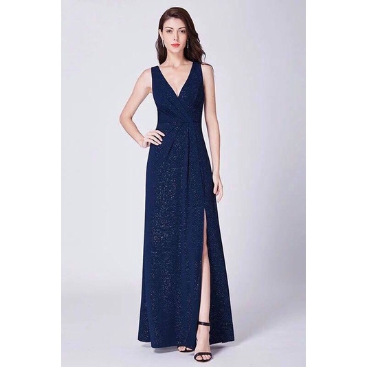 Fashion A Line Long Glitter Evening Dress (Navy Blue) (Made To Order)