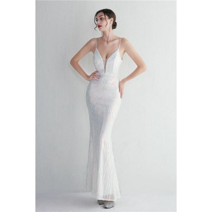 Low Back Spaghetti Mermaid Evening Gown (White) (Made To Order)