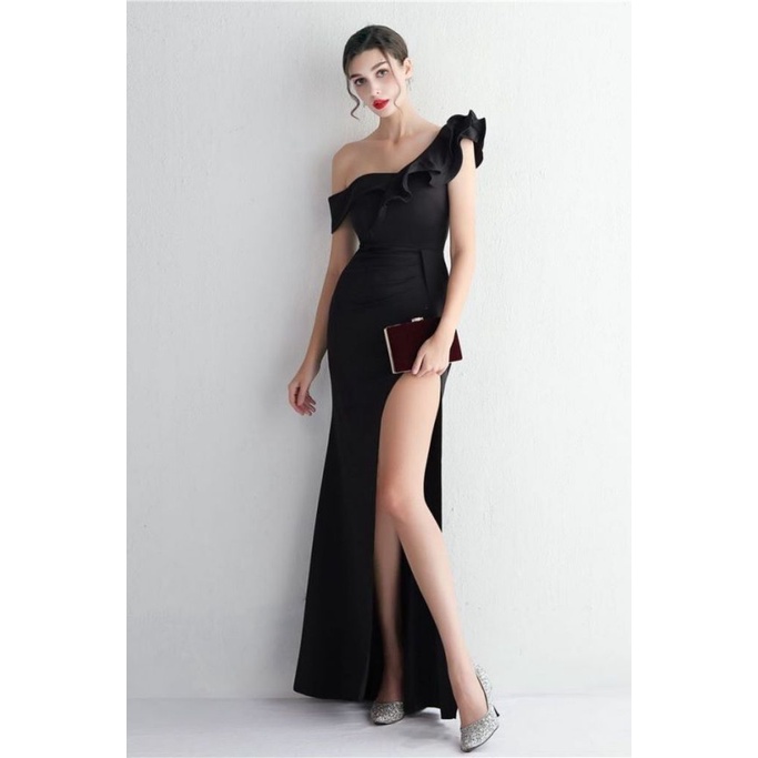 One Side Off Shoulder High Slit Evening Gown (Black) (Made To Order)