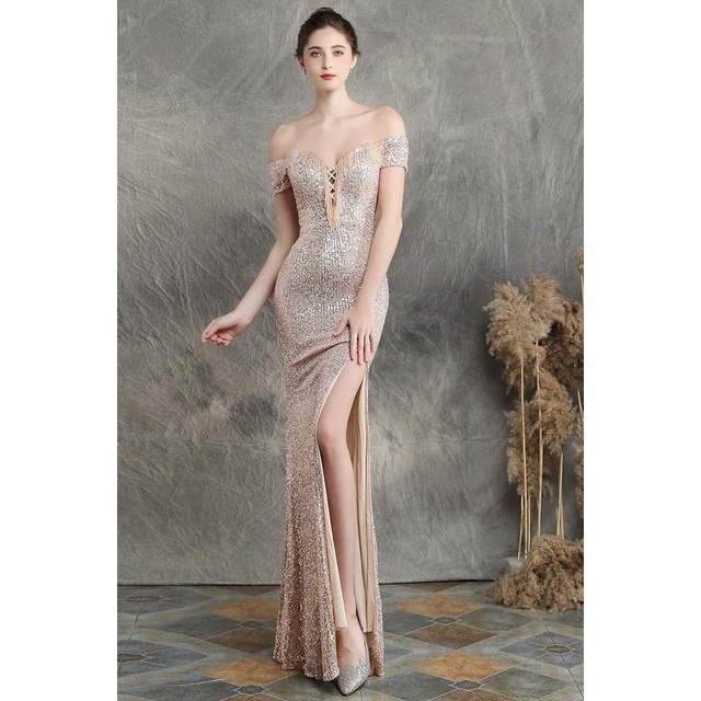 Off Shoulder Sequins With High Slit Evening Gown (Rose Gold) (Retail)