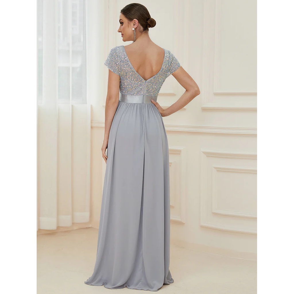 Short Sleeves Sequins A-Line Evening Gown (Silver) (Made To Order)