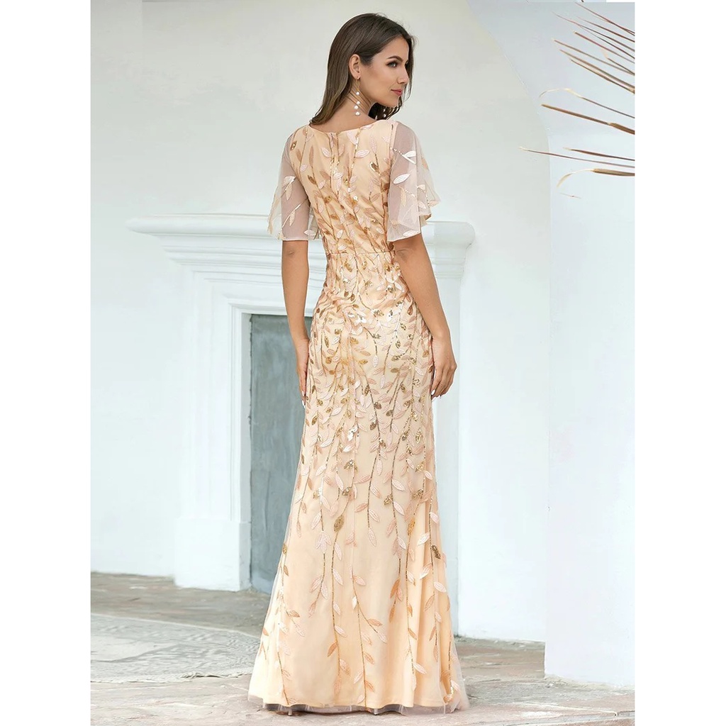 V Neck Leaf-Sequined Fishtail Evening Gown (Gold) (Made To Order)