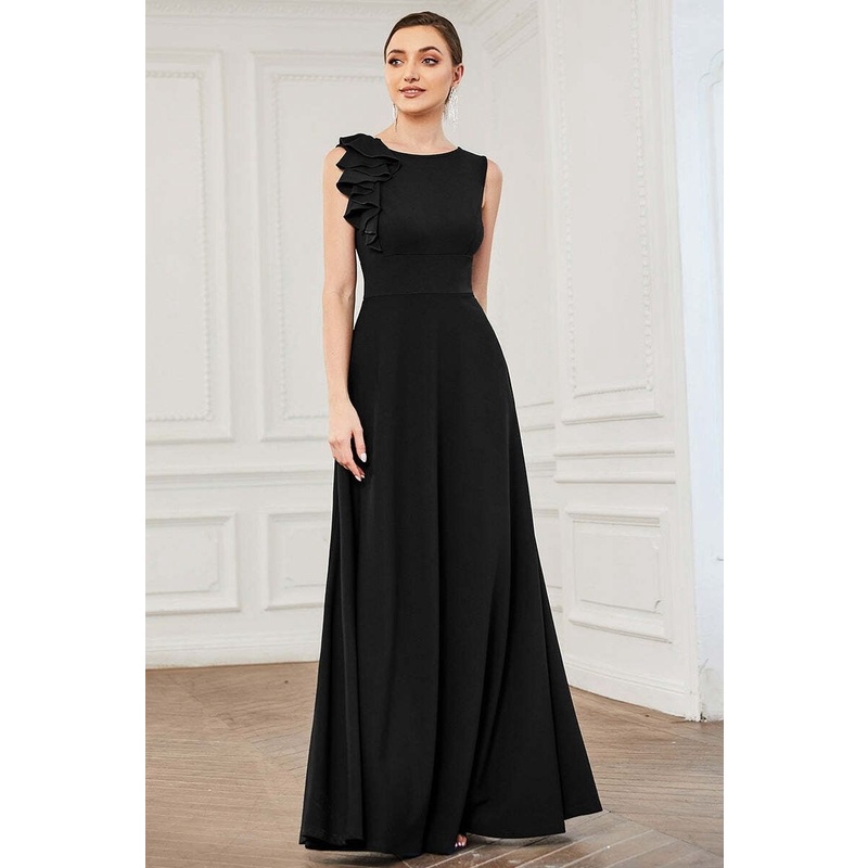 Sleeveless Round Neck A Line Evening Dress (Black) (Retail)