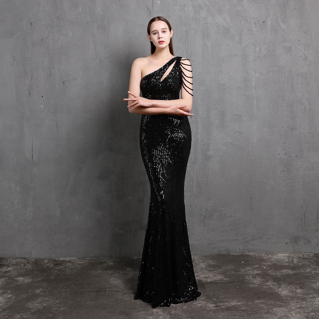 One Side Off Shoulder with Crystal Beads Sleeve Mermaid Evening Gown  (Black) (Retail)