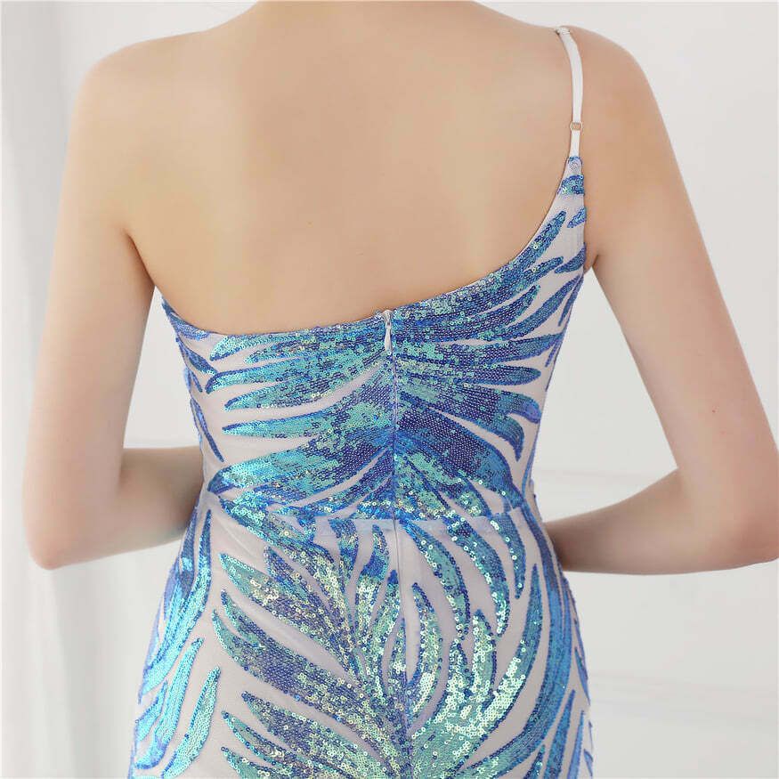 One Side Sling Shoulder Sequins Mermaid Gown (Blue) (Retail)
