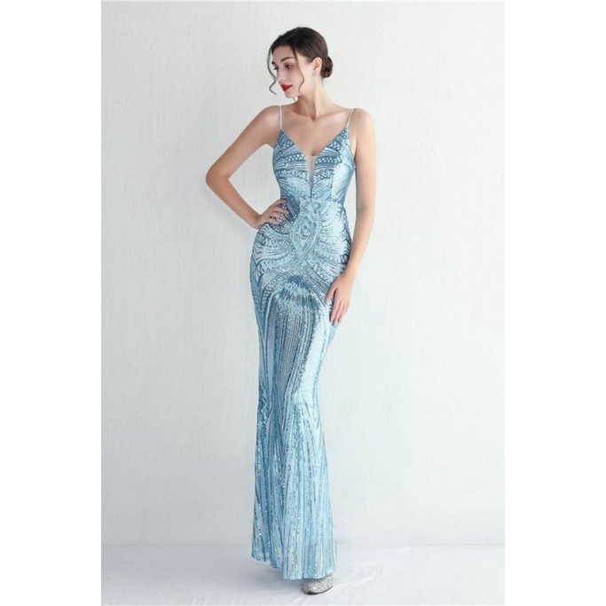 Low Back Spaghetti Mermaid Evening Gown (Light Blue) (Retail)
