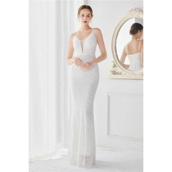 Spaghetti Strap With Waves Sequins Evening Gown (White) (Made To Order)