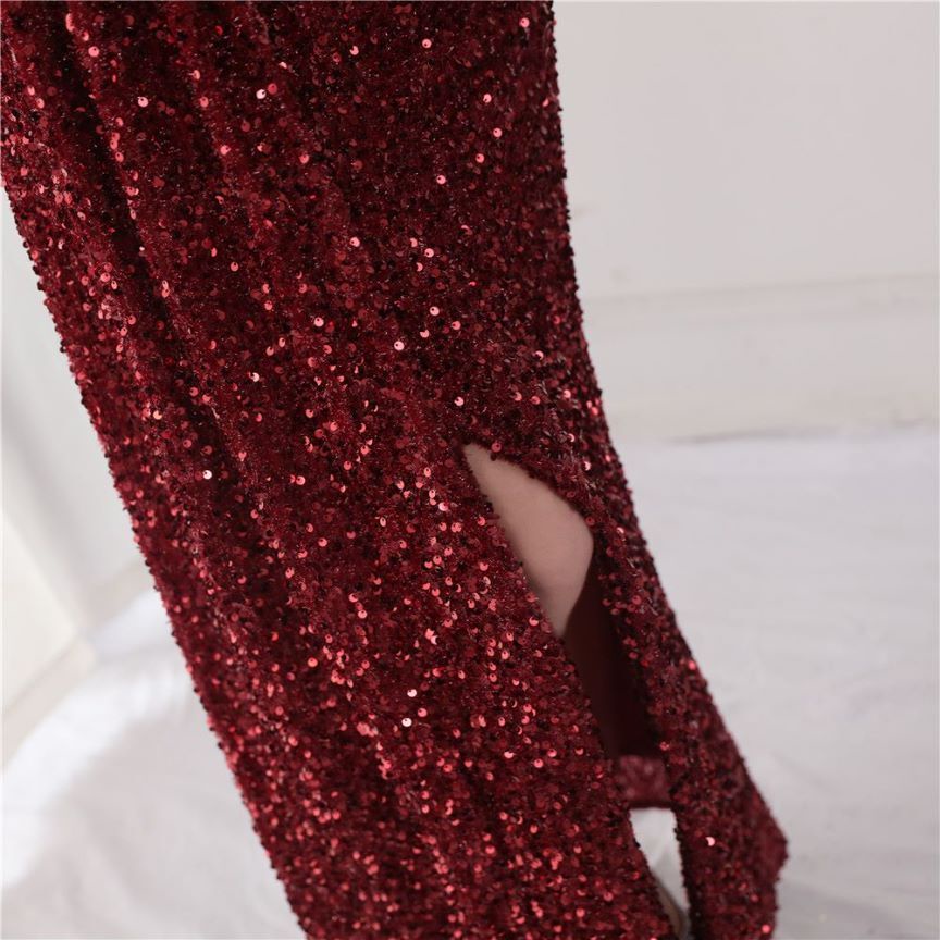 Ruffles One Side Long Sleeve Sequins Evening Gown (Maroon) (Made To Order)
