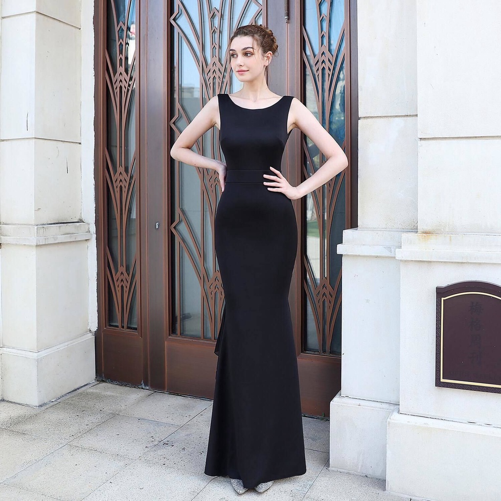 Backless Long Mermaid Evening Gown (Black) (Made To Order)