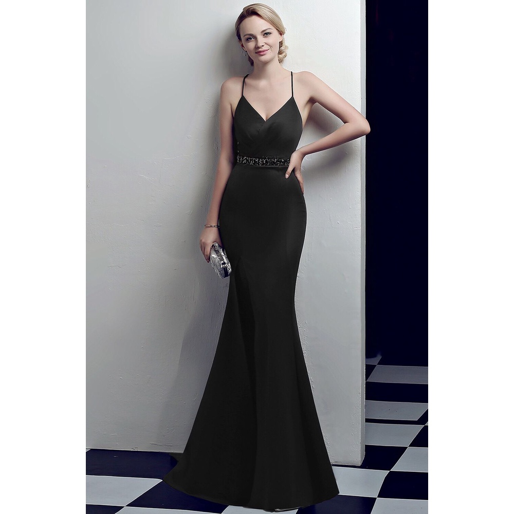 Sexy Slim Low Back Party Evening Gown (Black) (Made To Order)