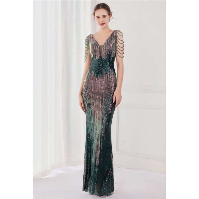 Fashion Crystal Sequins Duo Tone Mermaid Evening Gown (Green) (Made To Order)