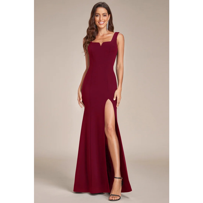 Square Neck High Split Mermaid Evening Dresses (Maroon) (Made To Order)