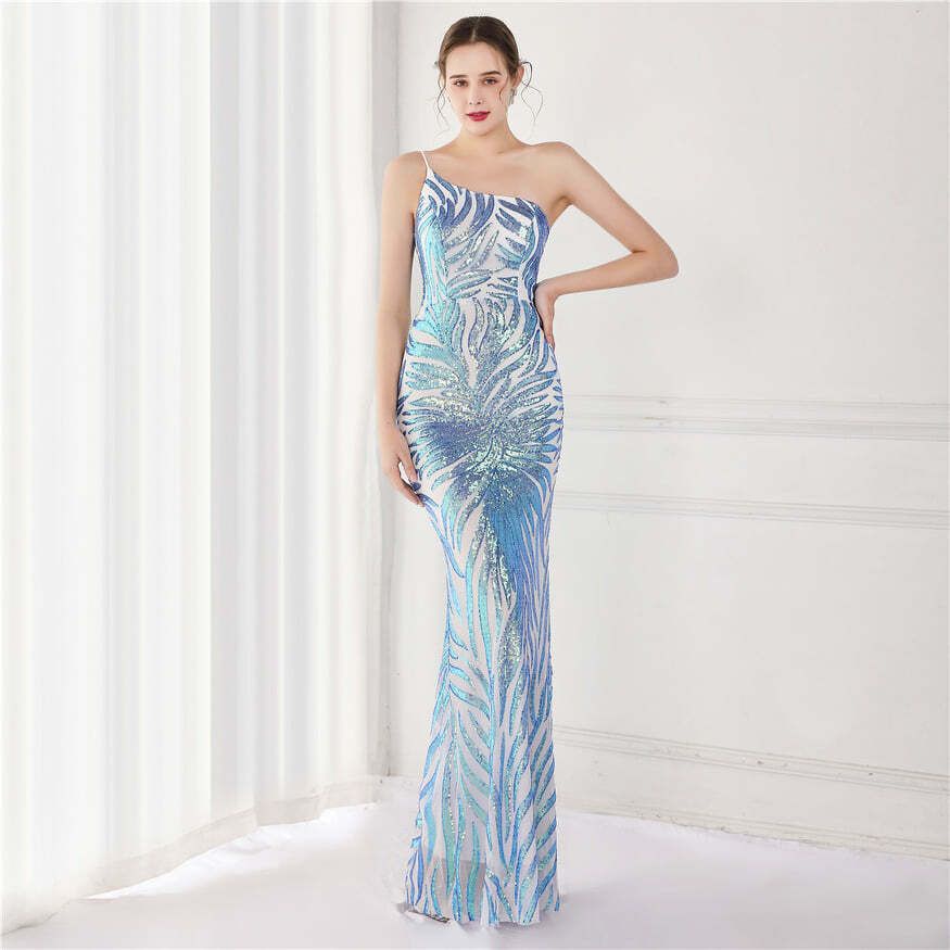 One Side Sling Shoulder Sequins Mermaid Gown (Blue) (Retail)
