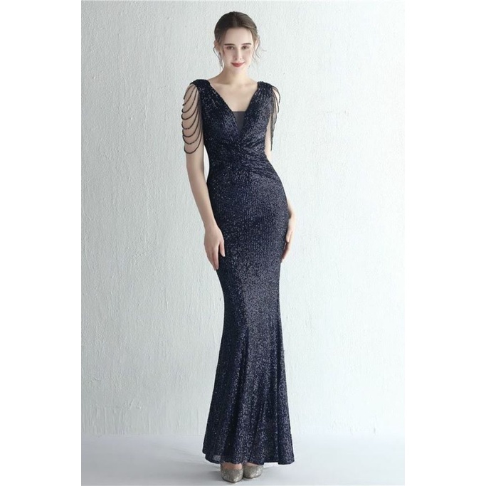 Illusion V-Neck Folded Waist Evening Gown (Navy Blue) (Made To Order)