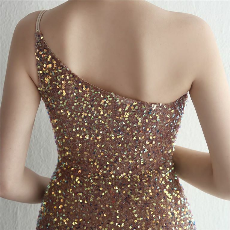 One Side Off Shoulder Sequins Slit Evening Gown (Gold) (Made To Order)