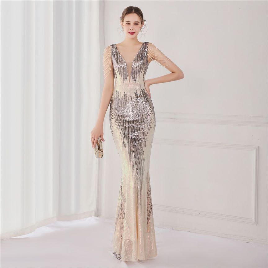 Fashion Crystal Sequins Duo Tone Mermaid Evening Gown (Silver Grey) (Made To Order)