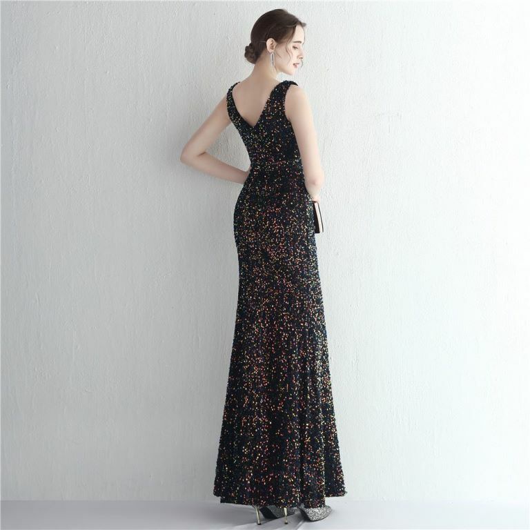 Sleeveless V-Neck Overlap Slit Evening Gown (Black) (Retail)