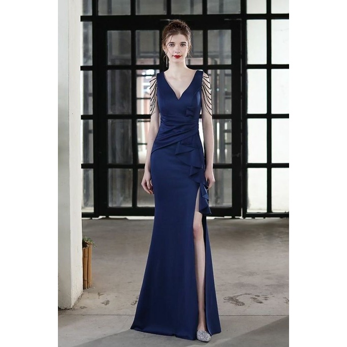 [ReadyStock] Beads Sleeve V-Neck Ruffles One Side Fitted Dinner Gown (Blue) (Retail)