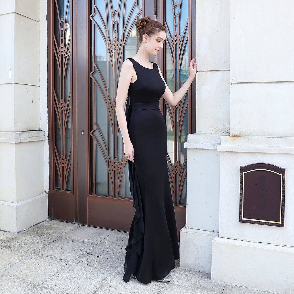 Backless Long Mermaid Evening Gown (Black) (Made To Order)