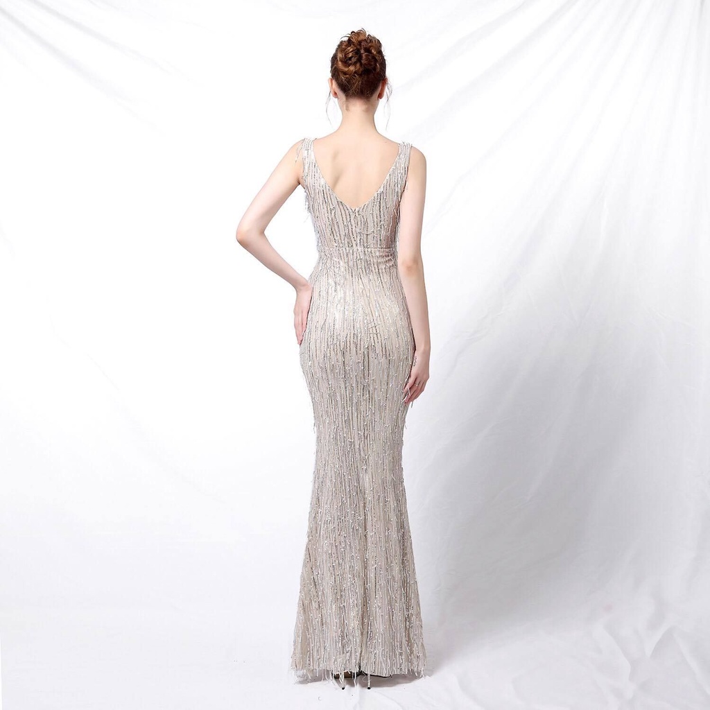 V-Neck Sequins Pattern Evening Gown (Silver) (Made To Order)