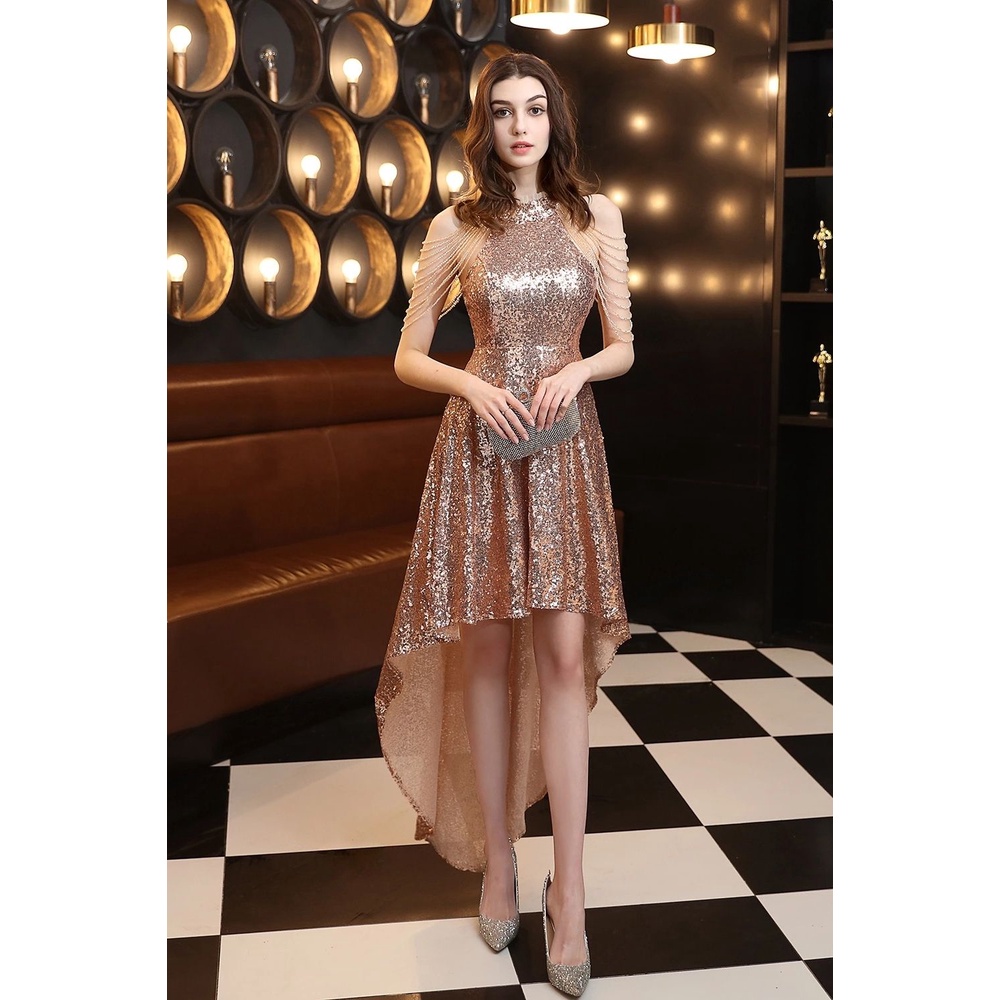 High Low Length Sequins With Fashion Sleeve Dress (Rose Gold)(Made To Order)