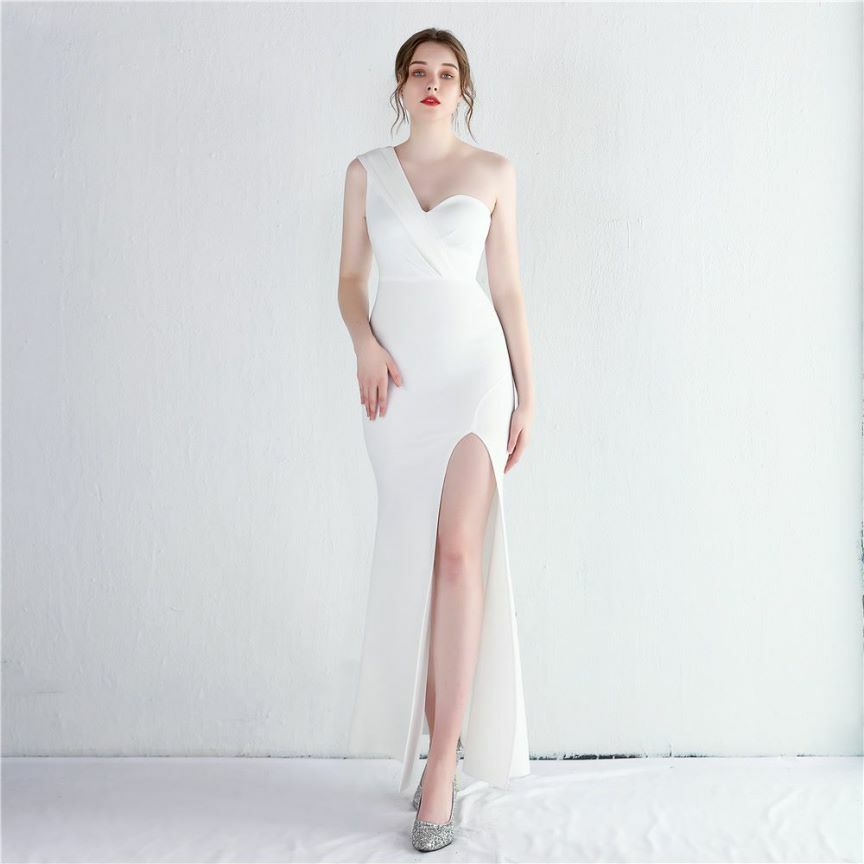 One Side Off Shoulder with High Slit Evening Dress (White) (Made To Order)
