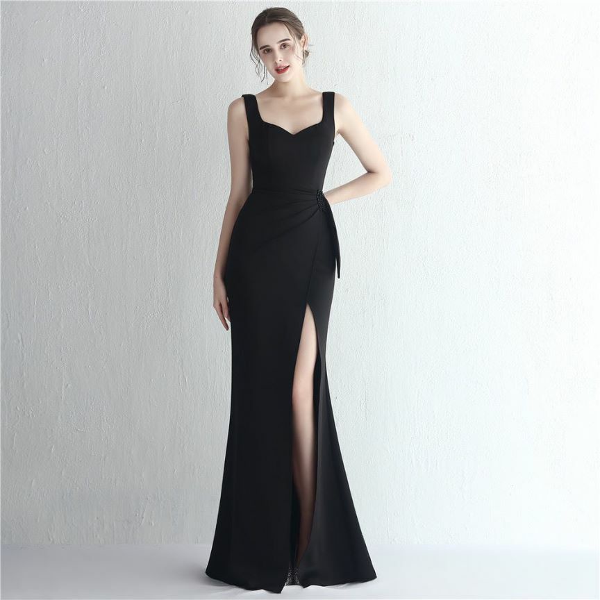 Sweetheart Overlap Slit Evening Gown (Black) (Made To Order)