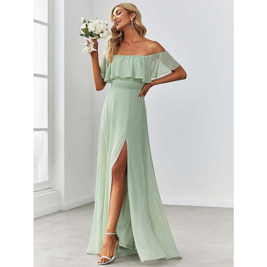 Off Shoulder Sleeveless Split Long Evening Dress (Mint) (Made To Order)