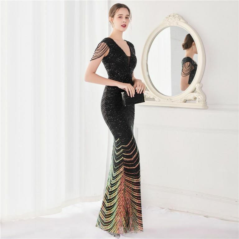 Illusion V-Neck Sequins with Beads Mermaid Evening Gown (Black) (Made To Order)