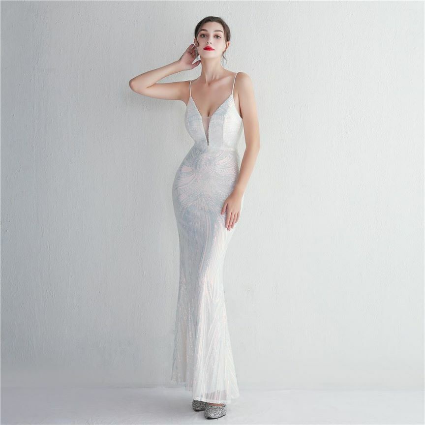 Low Back Spaghetti Mermaid Evening Gown (White) (Made To Order)