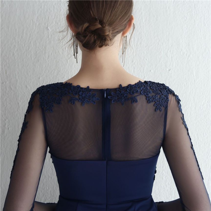 Elegant Long Sleeve Lace Mermaid Evening Gown (Navy Blue) (Made To Order)