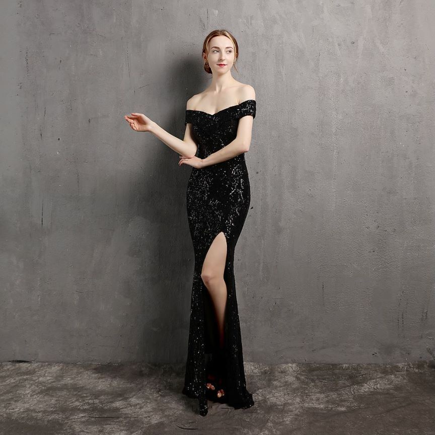 Off Shoulder Sequins High Slit Evening Gown (Black) (Retail)