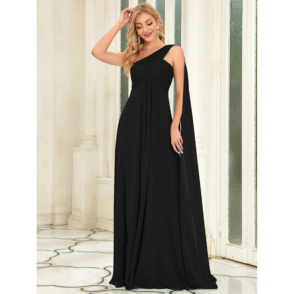 One Shoulder Pleated Chiffon Long Evening Gown (Black) (Retail)