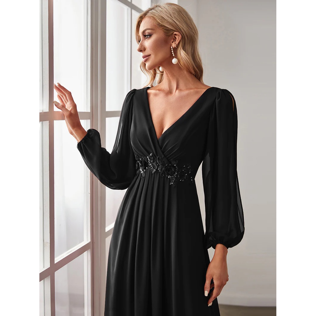 Long Lantern Sleeves V-Neck A-Line Evening Gowns (Black) (Retail)