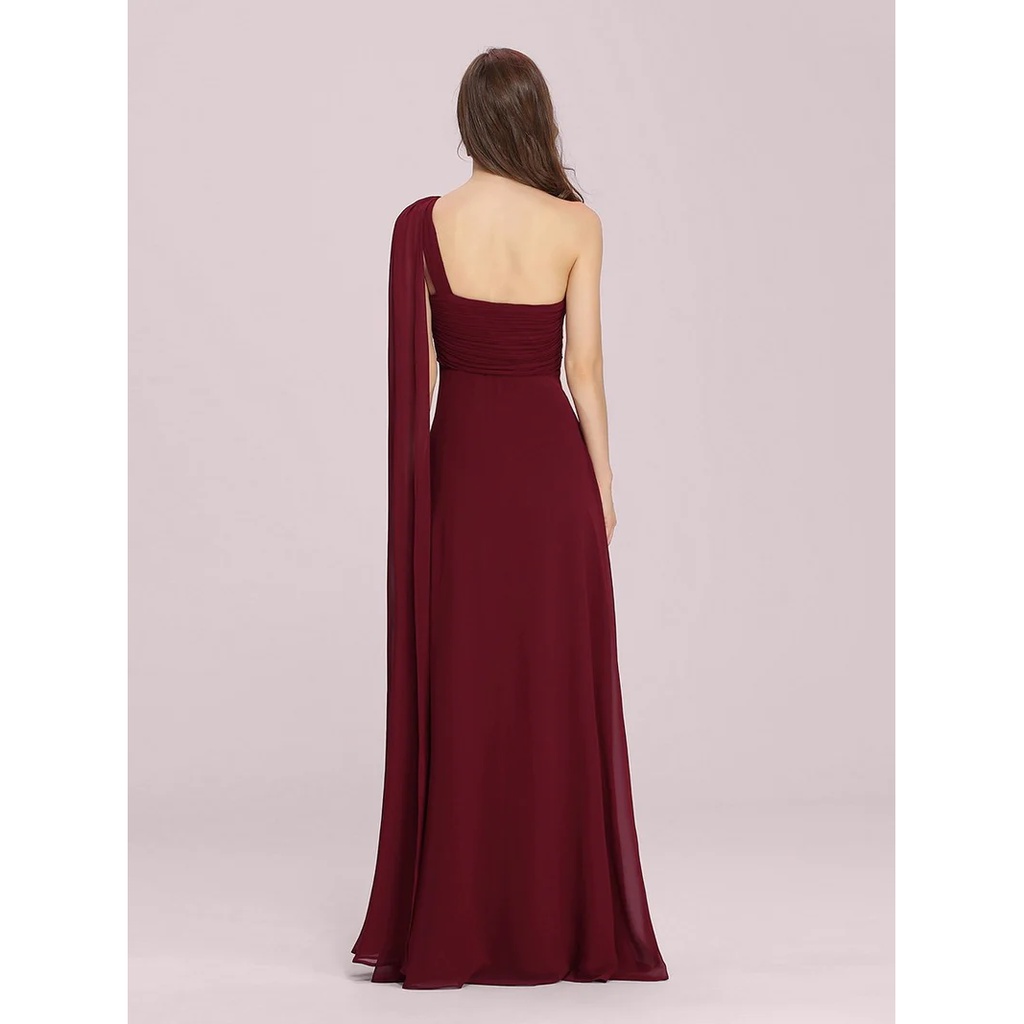 One Shoulder Pleated Chiffon Long Evening Gown (Maroon) (Retail)