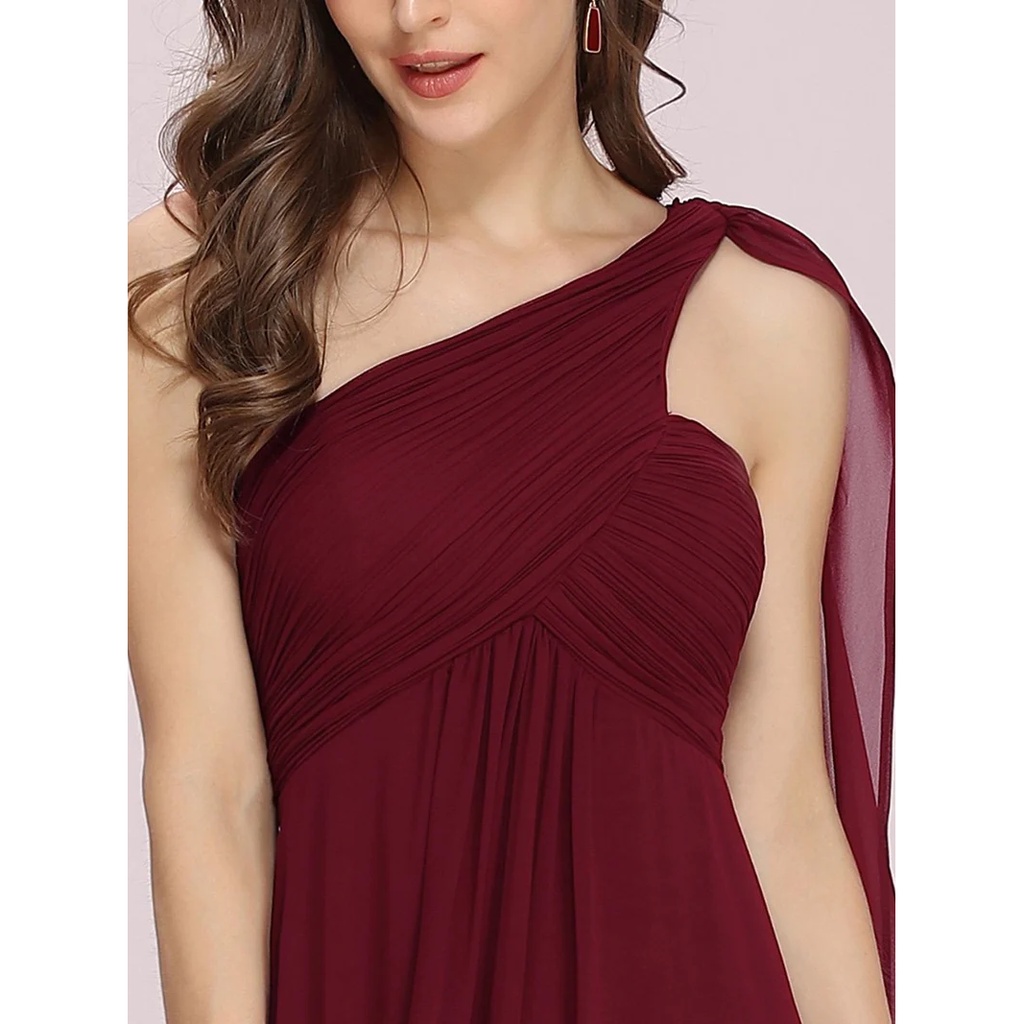 One Shoulder Pleated Chiffon Long Evening Gown (Maroon) (Retail)
