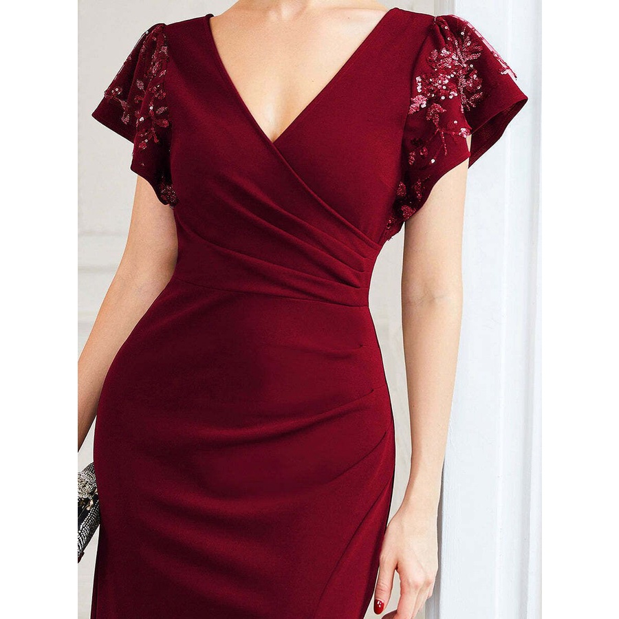 Deep V Neck Pencil Split Flare Sleeve Evening Gowns (Maroon) (Retail)