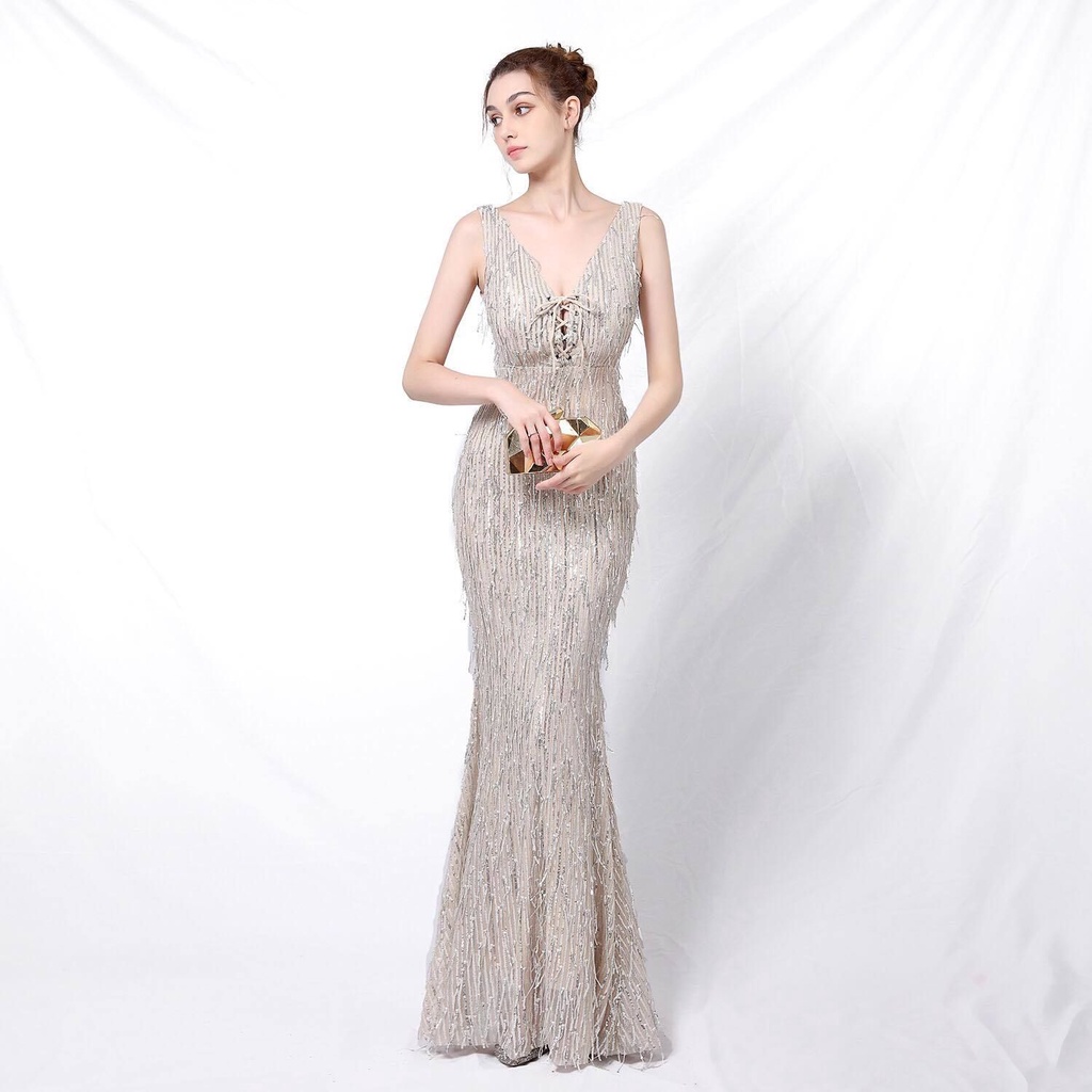V-Neck Sequins Pattern Evening Gown (Silver) (Made To Order)