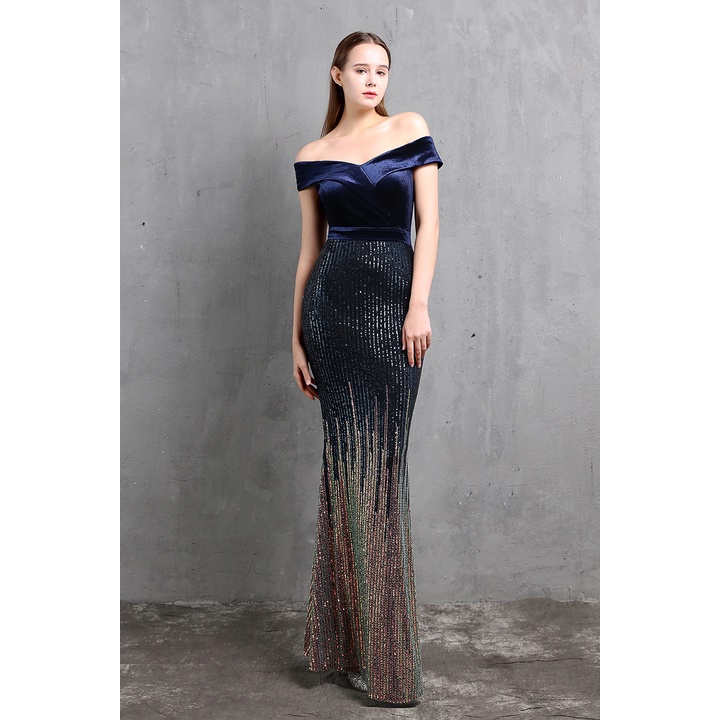 Off Shoulder Sequins Two Tone Mermaid Evening Gown (Navy Blue) (Made To Order)