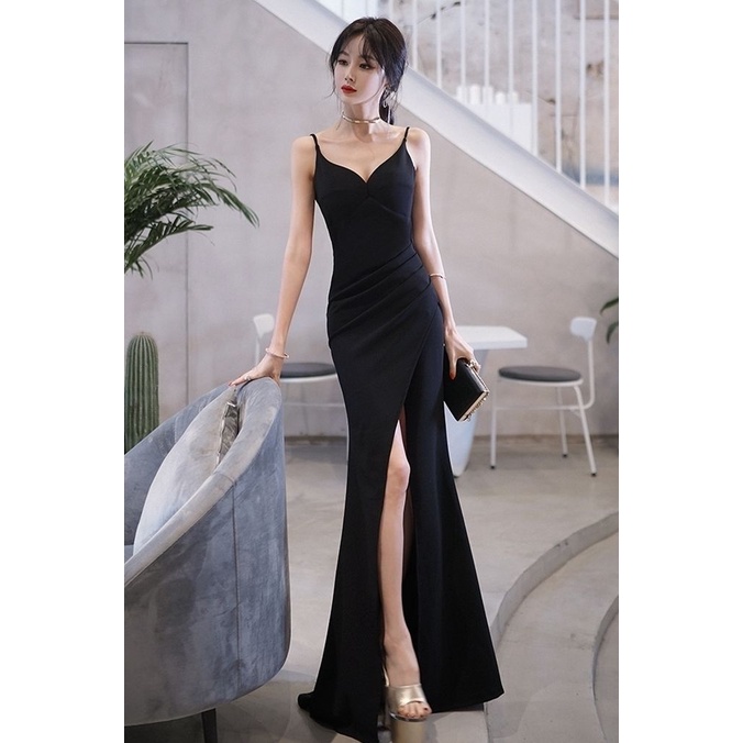 Spaghetti V Neck With Back Chain Evening Gown (Black) (Made To Order)