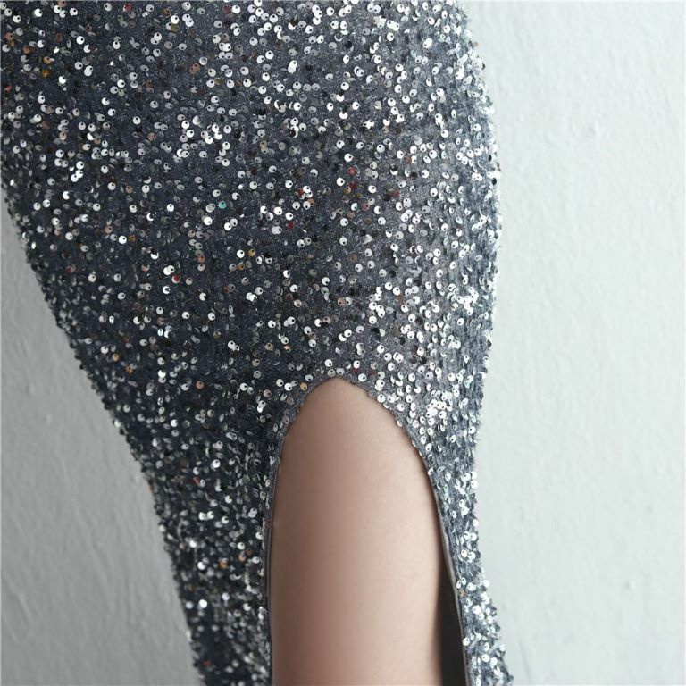 One Side Off Shoulder Sequins Slit Evening Gown (Grey) (Made To Order)
