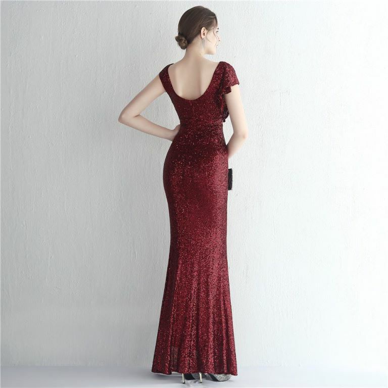 Cover Sleeve Sequins with Ruffles Slit Evening Gown (Maroon) (Made To Order)